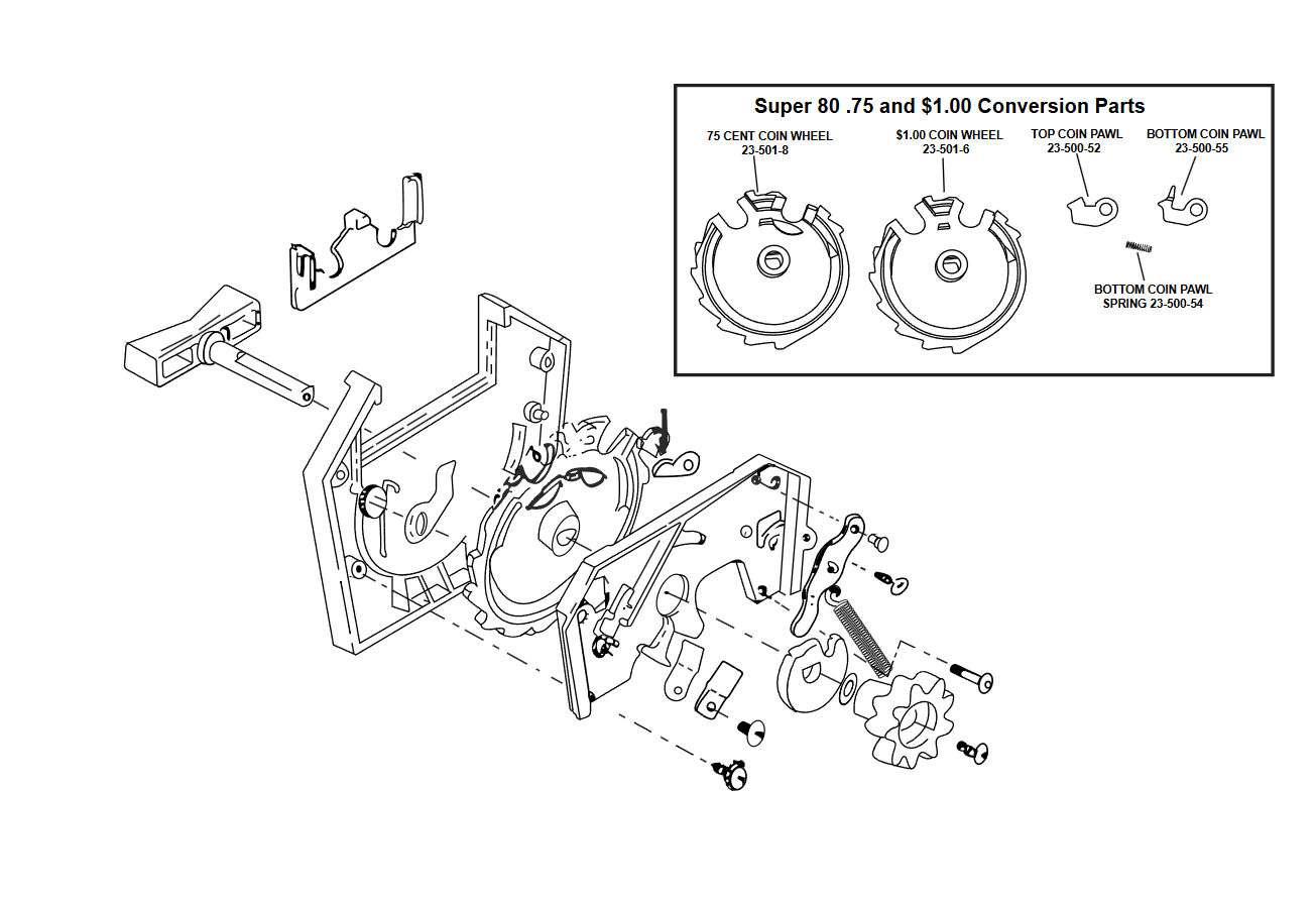 Exploded view of Northwestern Super 80 coin mechanism parts diagram